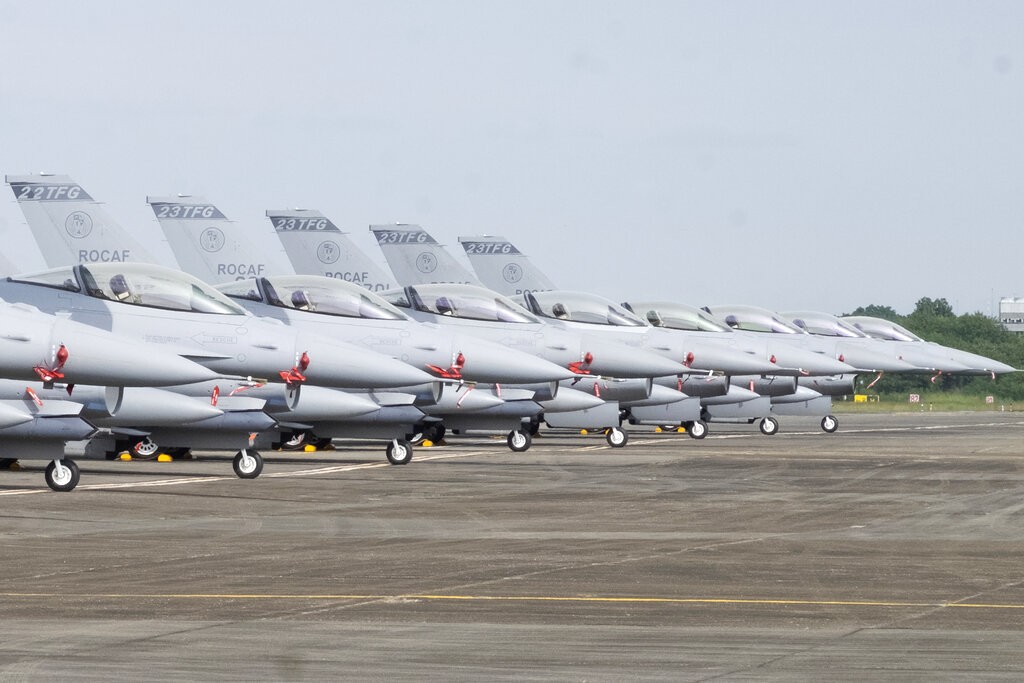 Newly commissioned upgraded F-16V fighter jets are seen at Air Force base in Chiayi in southwestern Taiwan Thursday, Nov. 18, 2021. 
