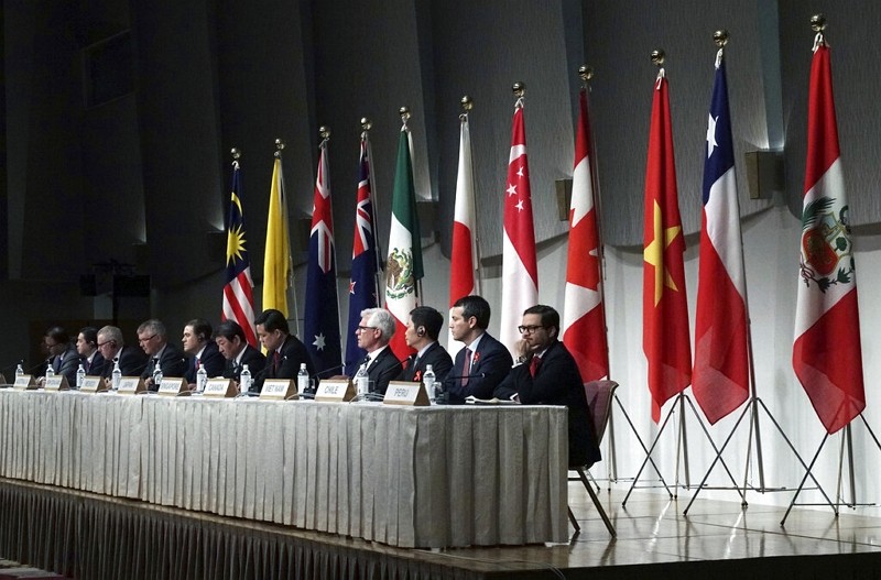 A joint press conference after a session of the Comprehensive and Progressive Trans-Pacific Partnership (CPTPP) in Tokyo Jan. 19, 2019. 
