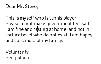 A parody Twitter account mocks a claim that Peng Shuai emailed WTA Chair Steve Simon in protest. (Twitter, CCTV Global Edition image)
