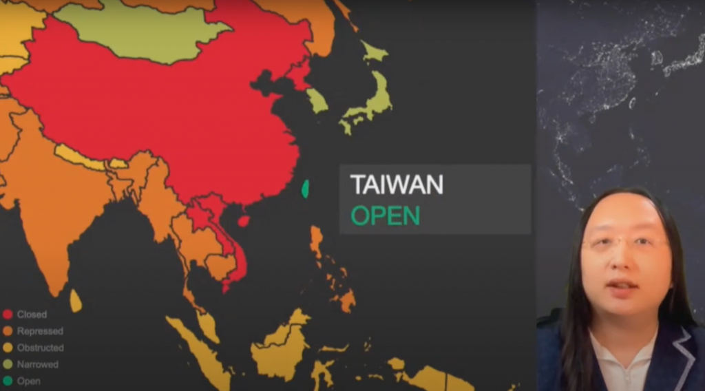 Screenshot of Audrey Tang giving the presentation with the map before her video feed was cut by the White House. (Summit for Democracy screenshot)

