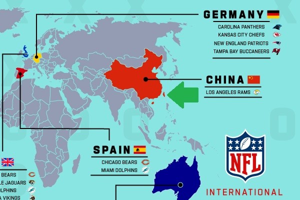 NFL map of "International Home Marketing Areas" that includes Taiwan as a part of China. (Twitter, NFL345 image)
