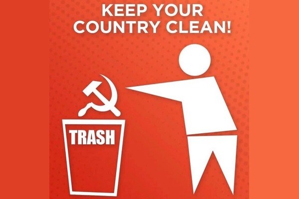 Keep your country nice and clean meme with hammer and sickle symbol being tossed in trash. (Twitter, Shiroihamusan)
