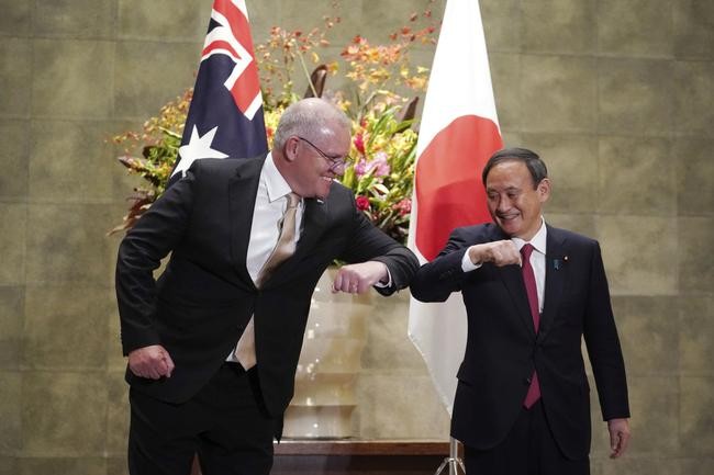 Prime Minister Scott Morrison and former Japanese Prime Minister Suga Yoshihide do an elbow bump at a bilateral summit in 2021.

