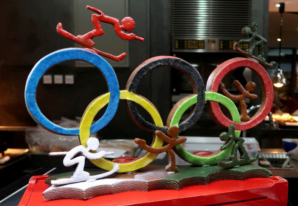 A baking creation of the Olympic rings is on display during breakfast for guests of a hotel ahead of the Beijing 2022 Winter Olympics in Beijing. (Reu...