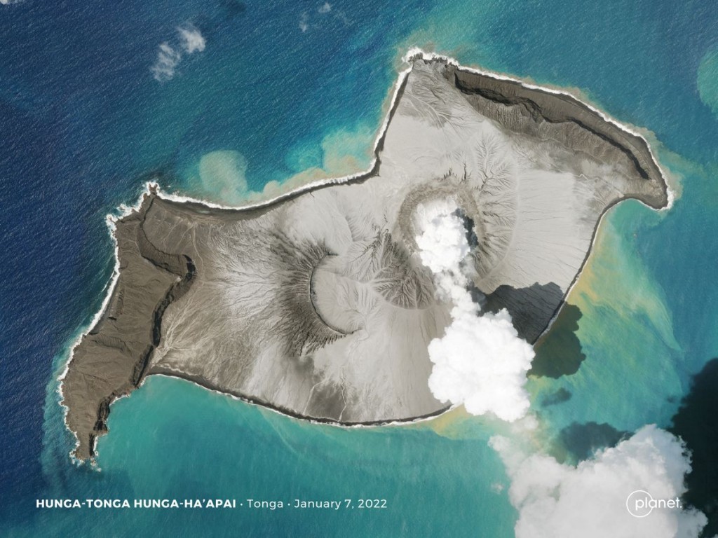 A Planet SkySat image shows a plume of smoke rising from the underwater volcano Hunga Tonga-Hunga Ha'apai days before its eruption on January 15, ...
