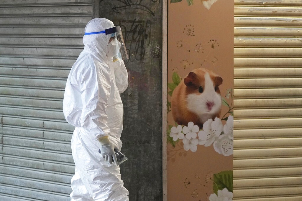 香港防疫人員經過勒令停業的寵物店（圖／AP）
