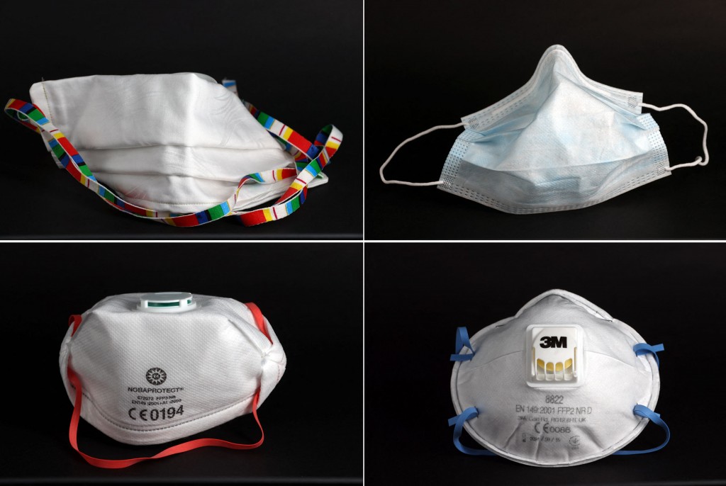 A combination of four images shows a surgical mask (top R), a self-made protective mask (top L), a FFP3 Respirator mask (bottom L) and a FFP2 Respirat...