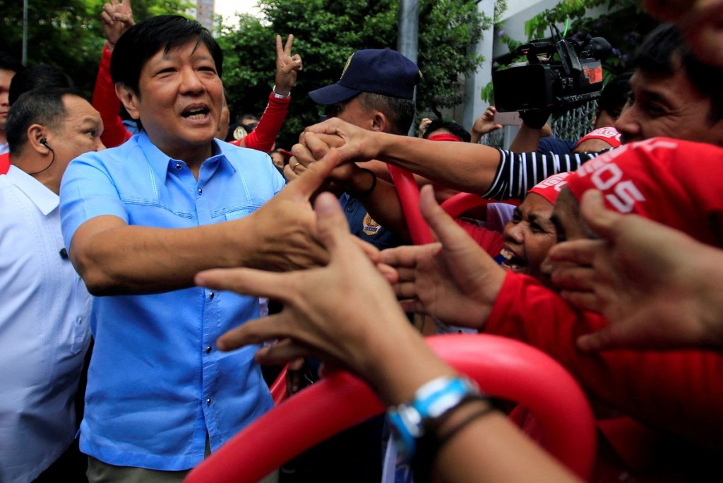 Former senator Ferdinand "Bongbong" Marcos Jr and son of late former dictator Ferdinand Marcos is greeted by his supporters upon his arrival...