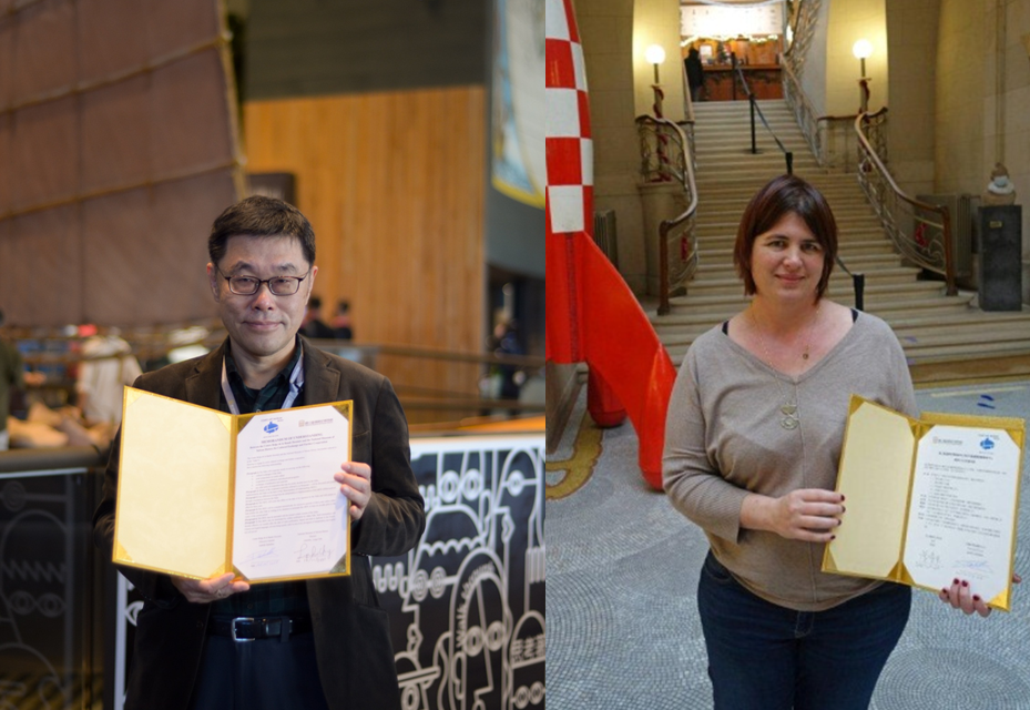 左起：臺史博館長張隆志及比利時布魯塞爾漫畫藝術中心館長Isabelle_Debekker簽訂漫畫文化交流意向書(圖/文化部)
