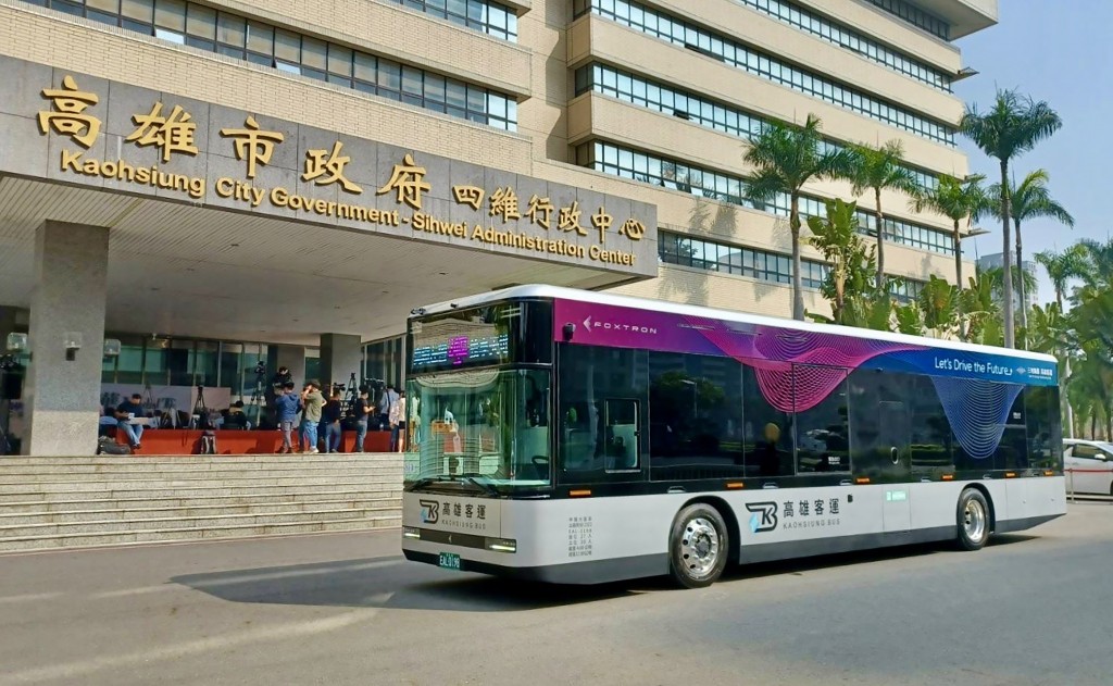 Foxtron Model T electric bus in front of Kaohsiung City Government building on Thursday, March 3. 
