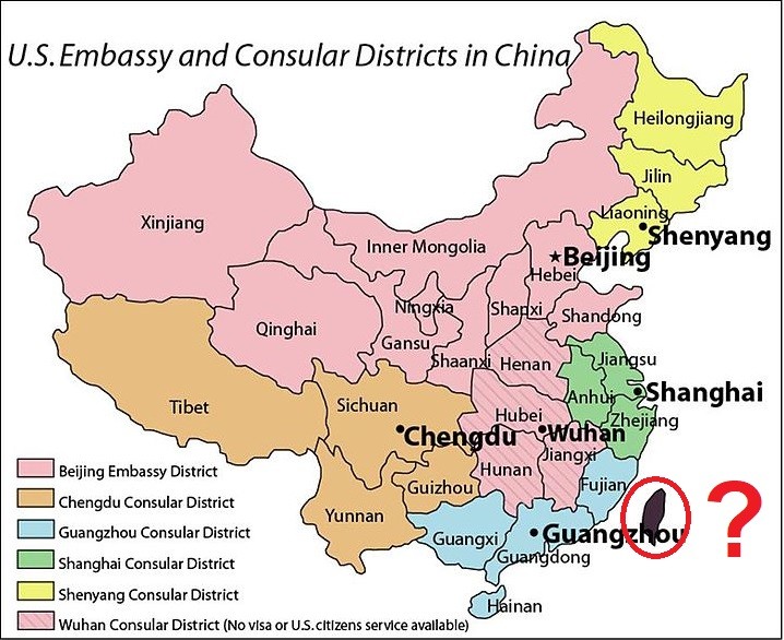 U.S. embassy includes Taiwan in map of U.S. embassy and consular districts in China. (US Embassy in Beijing image)
