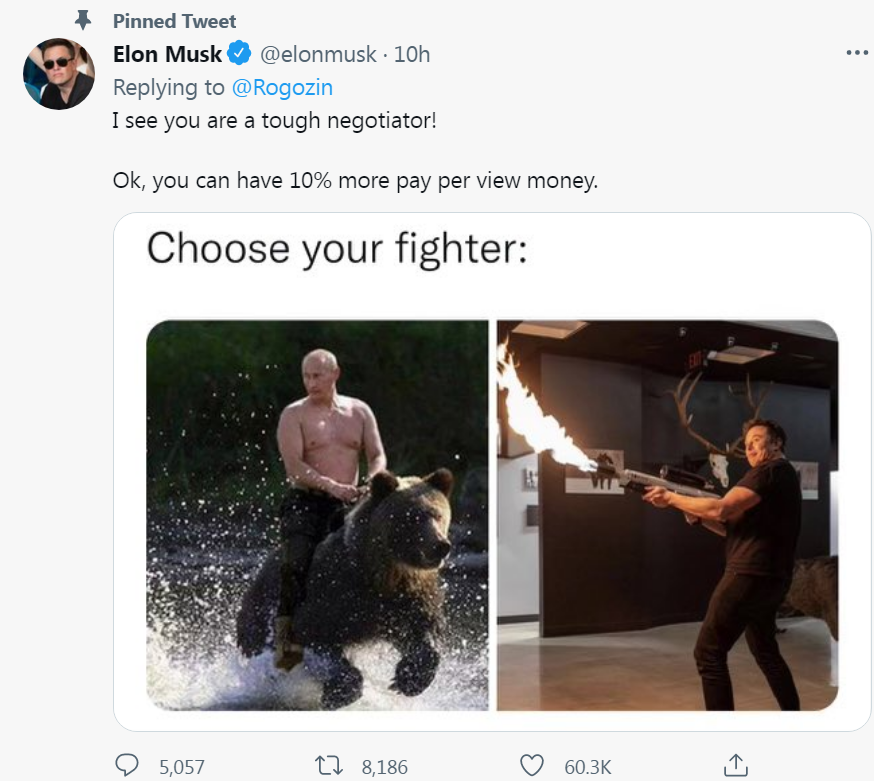 Tesla創辦人在推特跟普丁下戰帖(圖擷取自馬斯克推特)
