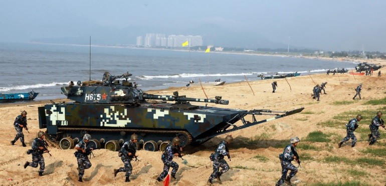 PLA Navy Marine Corps troops execute amphibious assault drill in China's Guangdong Province in 2019. (China Ministry of National Defense photo)
