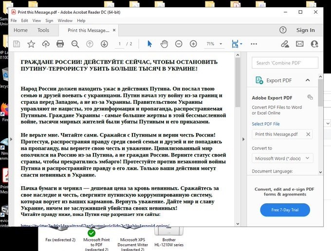 圖為匿名者公布駭進俄羅斯政府機構印表機準備列印傳單的畫面（圖片翻攝至<a href="https://twitter.com/Depaix...