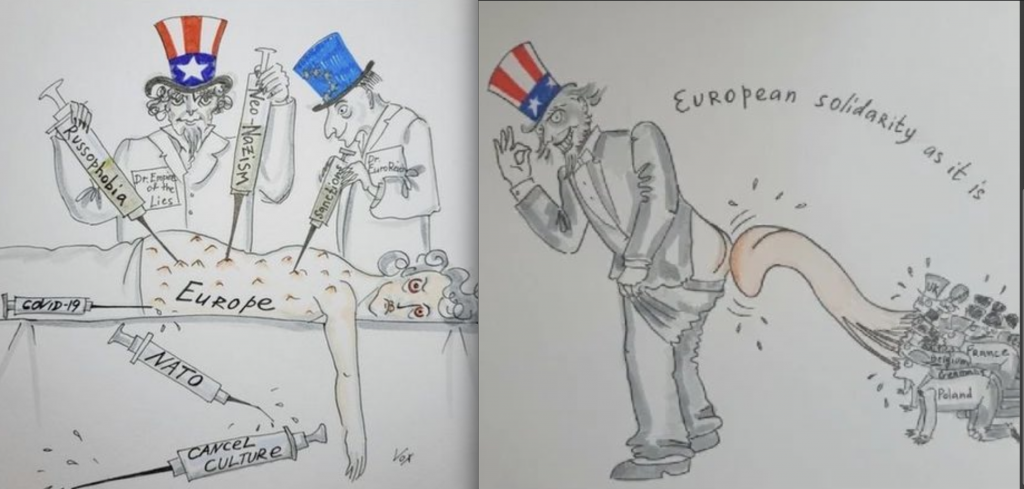 俄國駐法大使館24日低級諷刺漫畫，譏歐盟跪舔美國。(圖／翻攝自推特 台灣英文新聞合成） 
