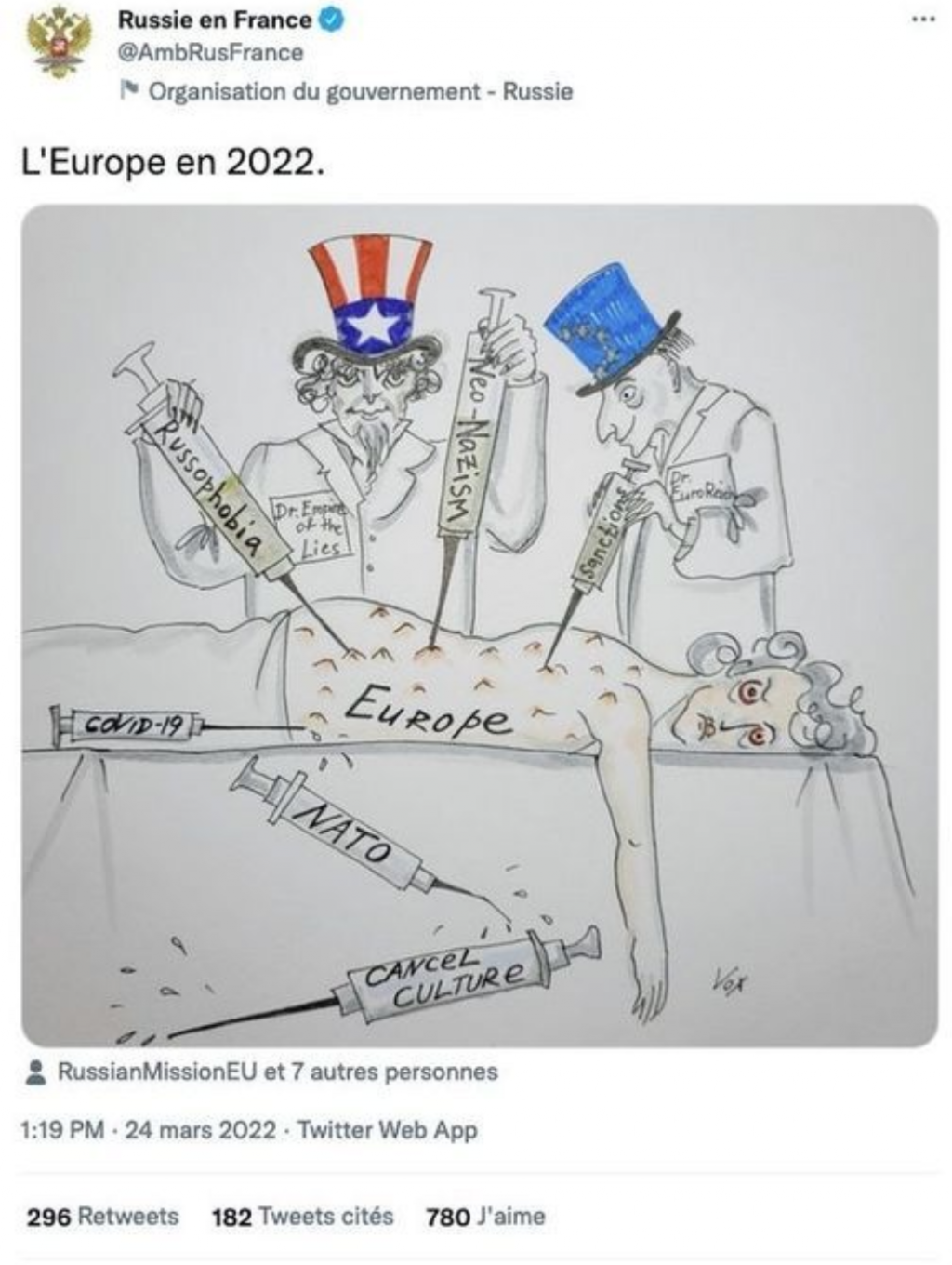 俄使館漫畫諷歐盟舔美 馬克宏怒斥無法接受