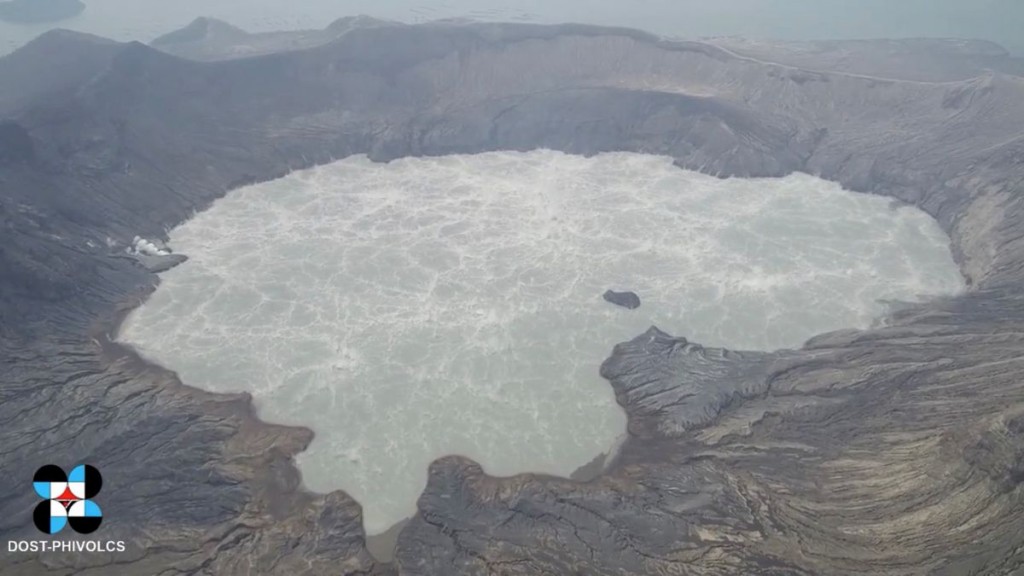 General view of Taal volcano's crater lake, Batangas province, Philippines July 2, 2021. in this screen grab obtained from a social media video. V...