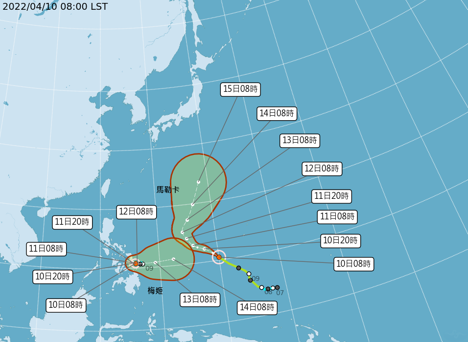原位於菲律賓東方海面的熱帶性低氣壓於今(10)日08時發展為輕度颱風梅姬 。（圖／中央氣象局）
