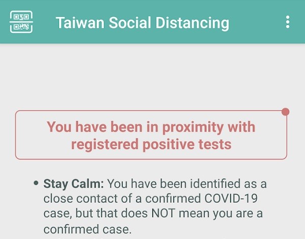 Message users receive if they come in contact with a confirmed case. (Taiwan Social Distancing App screenshot)
