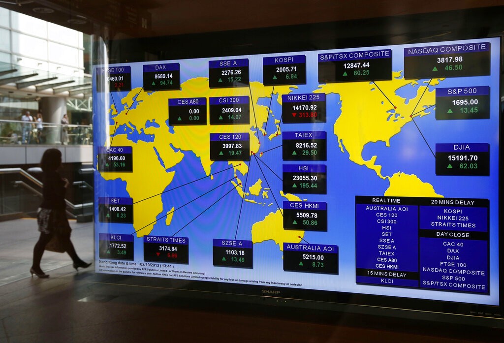 圖為香港證交所展示全球各地指數的看板 (美聯社檔案照片)　
