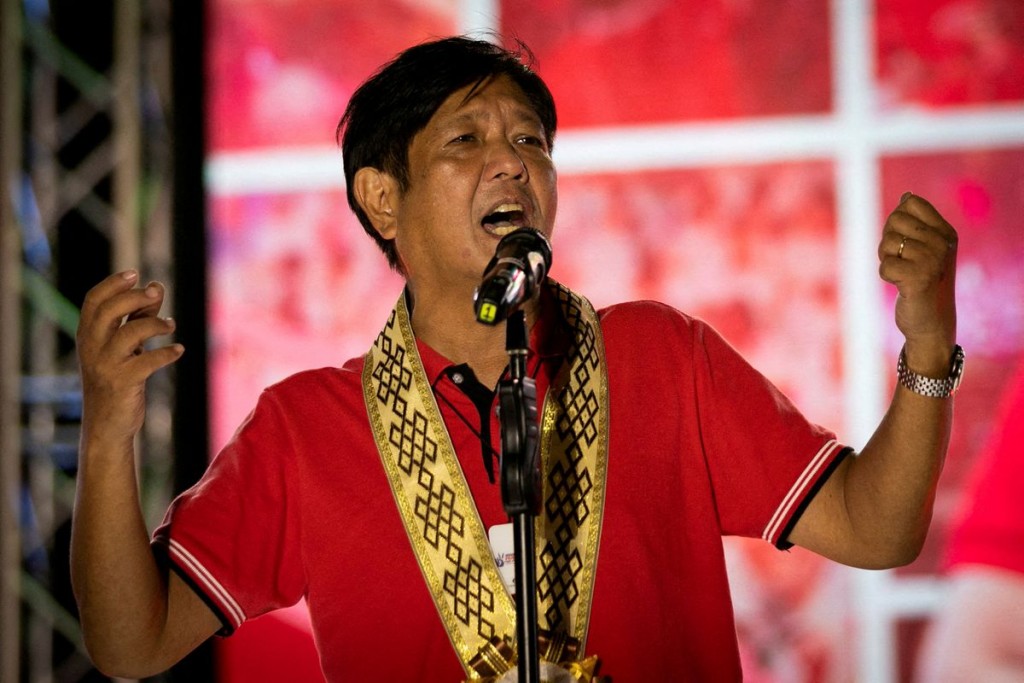 Philippine presidential candidate Ferdinand "Bongbong" Marcos Jr., son of late dictator Ferdinand Marcos, delivers a speech during a campaig...
