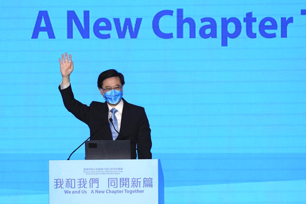 John Lee, former No. 2 official in Hong Kong, and the only candidate for the city's top job, attends his 2022 chief executive electoral campaign r...