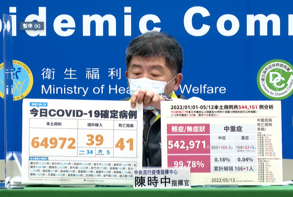 中央流行疫情指揮中心指揮官陳時中表示，台灣5月13日新增本土個案64972例，死亡41例創新高。（圖／翻攝自指揮中心直播影片）
