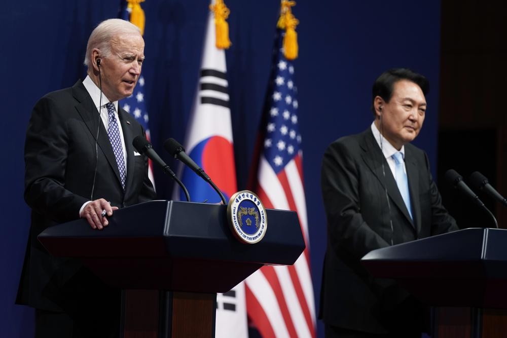 U.S. President Joe Biden and South Korean President Yoon Suk Yeol at their joint news conference in Seoul Saturday. 
