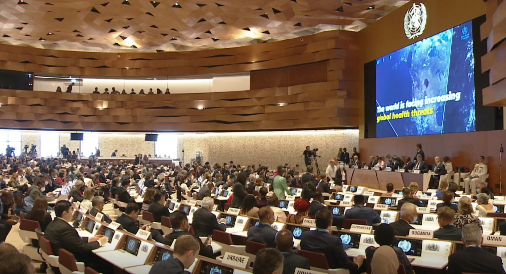 Representatives from WHO member states attend the WHA plenary session on Monday, May 23. (WHO screenshot)
