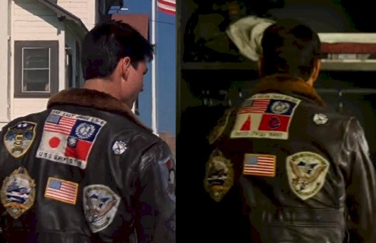 Maverick's jacket in "Top Gun" (left) and version seen in trailer for "Top Gun: Maverick." (Screenshots from "Top Gu...