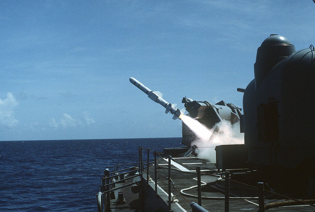 The firing of a Harpoon missile during military drills. 
