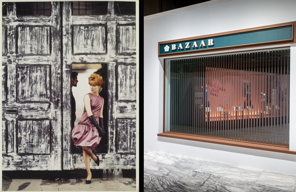 左圖：模特兒麗絲．丹尼斯穿著瑪莉官的雞尾酒洋裝，約1960年/右圖：北美館展場入口處（來源：Photograph by Woburn St...