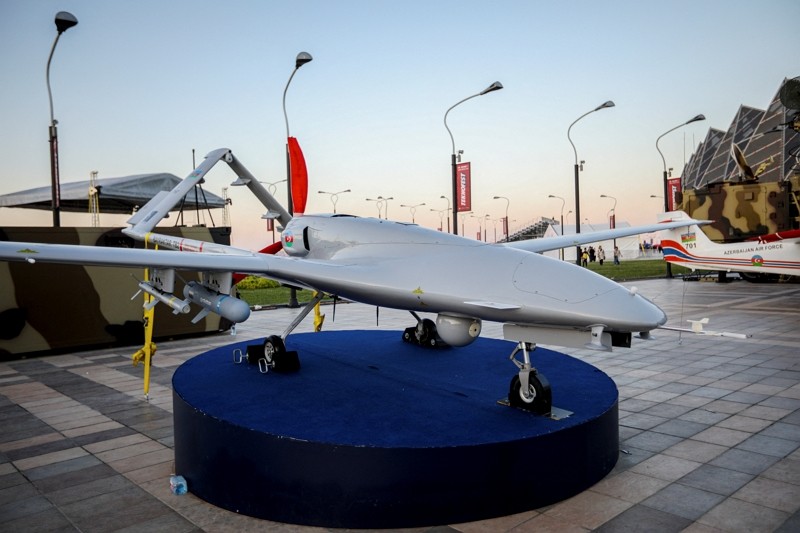 A Bayraktar TB2 unmanned combat aerial vehicle is exhibited at Teknofest aerospace and technology festival in Baku, Azerbaijan May...