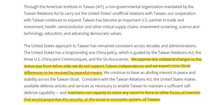 The U.S. Department of State once again revised its fact sheet regarding Taiwan. (U.S. State Department screenshot)
