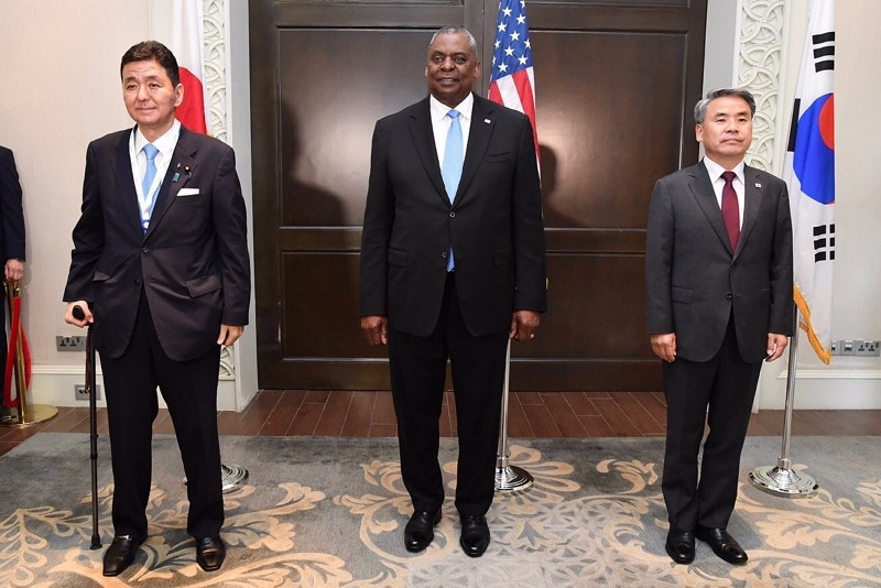 Japan's Defense Minister Kishi, U.S. Defense Secretary Austin, and South Korean Defense Minister Lee. (Twitter, Japan Ministry of Defense photo)
