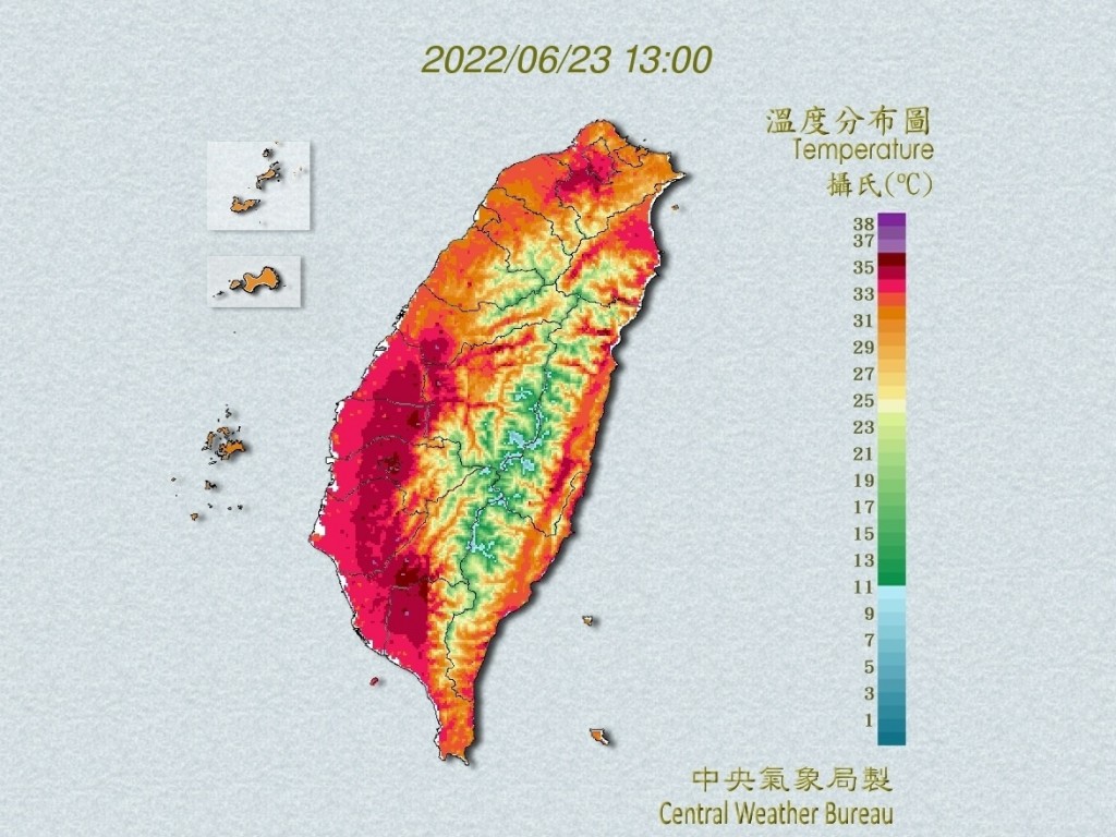 A Central Weather Bureau image shows heat distribution in Taiwan at 1 p.m. on Thursday. (Central Weather Bureau image)

