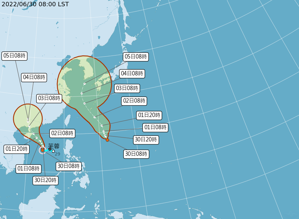 原位於中西沙島海面之熱帶性低氣壓，於今（３０）日8時發展為第3號颱風芙蓉。（圖／氣象局）
