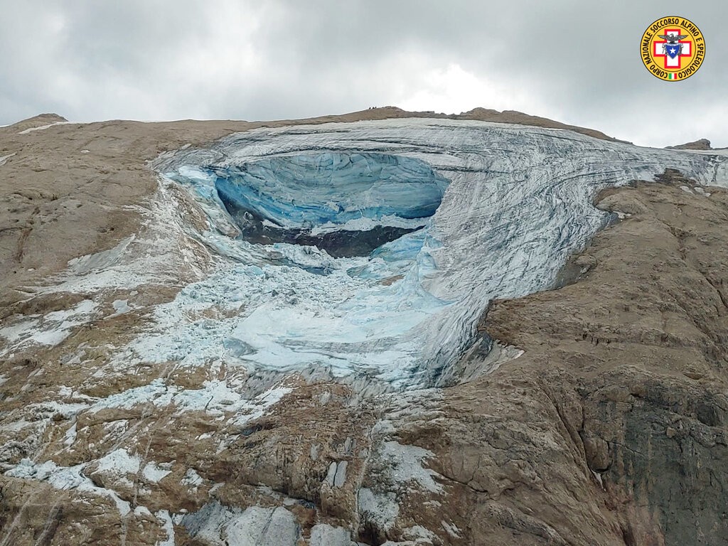 This image released on Sunday, July 3, 2022, by the Italian National Alpine and Cave Rescue Corps shows the glacier in Italy's Alps near Trento a ...