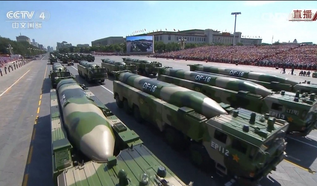Chinese Dongfeng 16 ballistic missiles on display during PLA military parade. 
