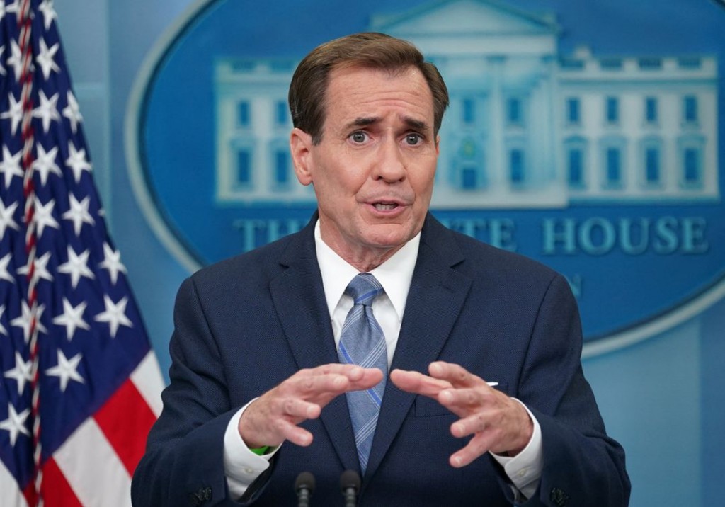 John Kirby, U.S. National Security Council Coordinator for Strategic Communications, speaks to reporters during a press briefing at the White House in...