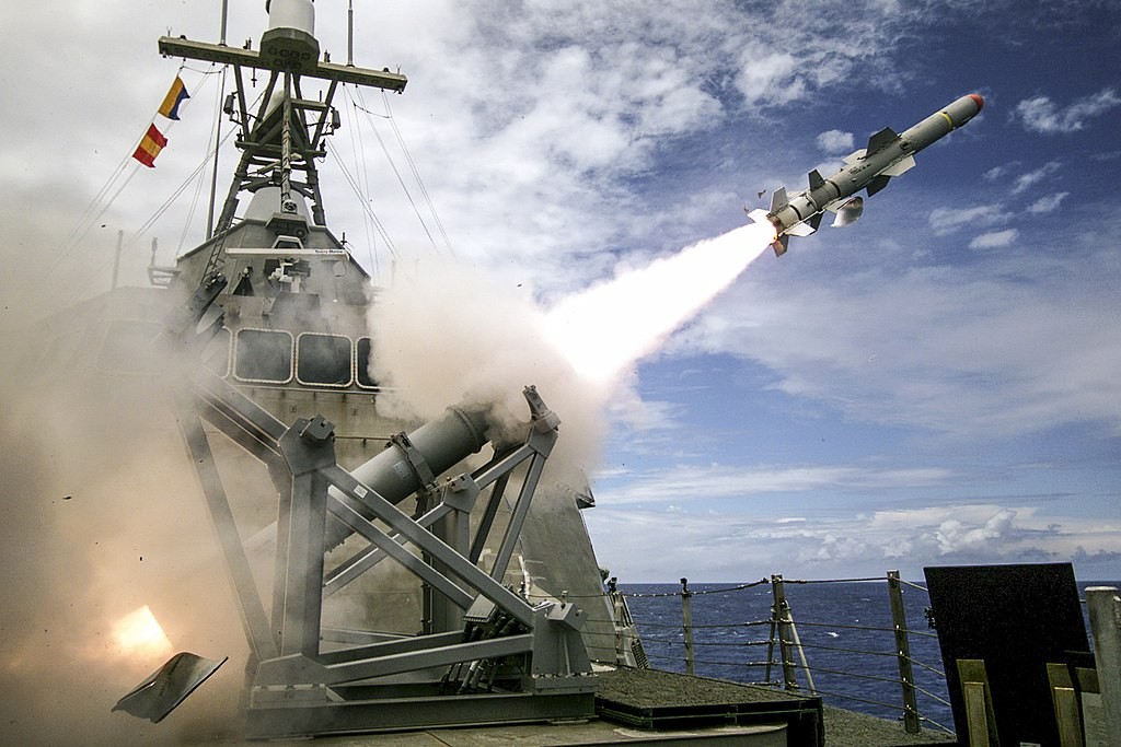 The USS Coronado launches a Harpoon missile during military training exercises in the Pacific. 
