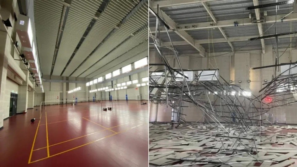 Badminton court before and after earthquake. (Facebook, Bade Civil Sports Center images)
