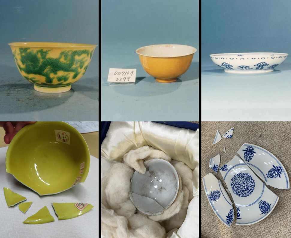 The three National Palace Museum artifacts before and after being broken. (National Palace Museum photo)
