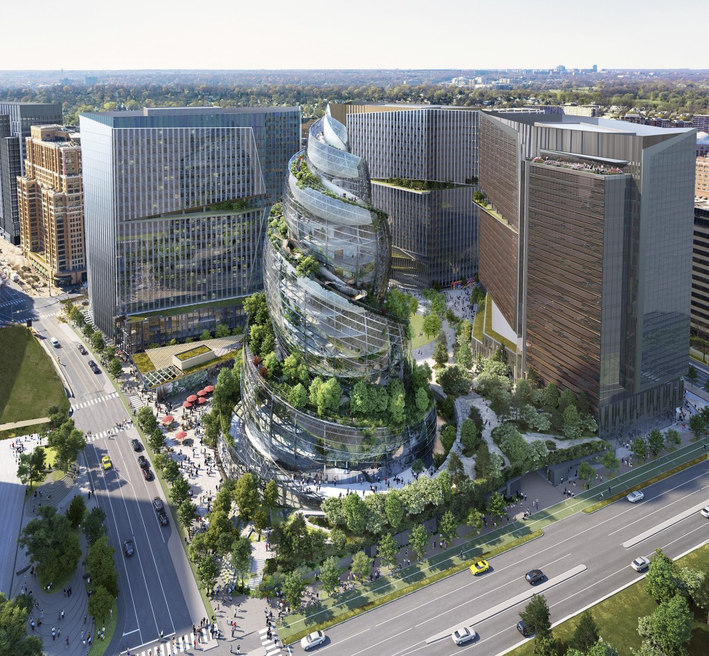 This artist rendering provided by Amazon shows the next phase of the company's headquarters redevelopment to be built in Arlington, Va. Amazon is ...