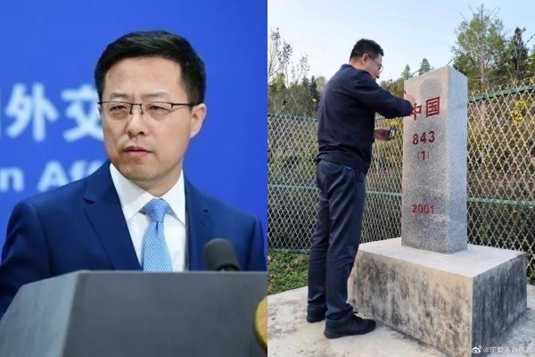 Zhao Lijian, paints border marker. (Ministry of Foreign Affairs of China, Weibo photos)
