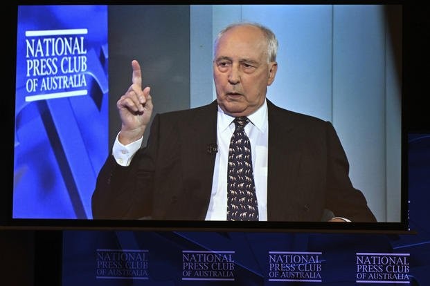 Former Australian Prime Minister Paul Keating appears by video link as he addresses the National Press Club in Canberra, Wednesday, March 15, 2023.
