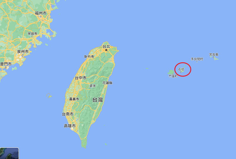 石垣島與台灣相對位置（Google Maps截圖）
