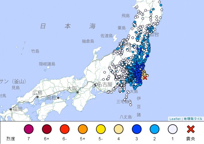 Map of earthquake intensity in eastern Japan, May 26. (Japan Meteorological Agency map) 
