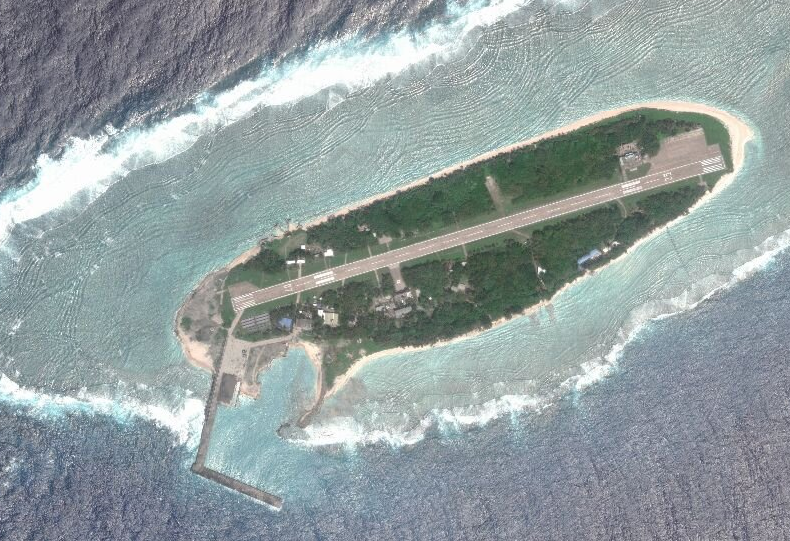 Taiping Island is seen via satellite imaging. (Wikimedia Commons)
