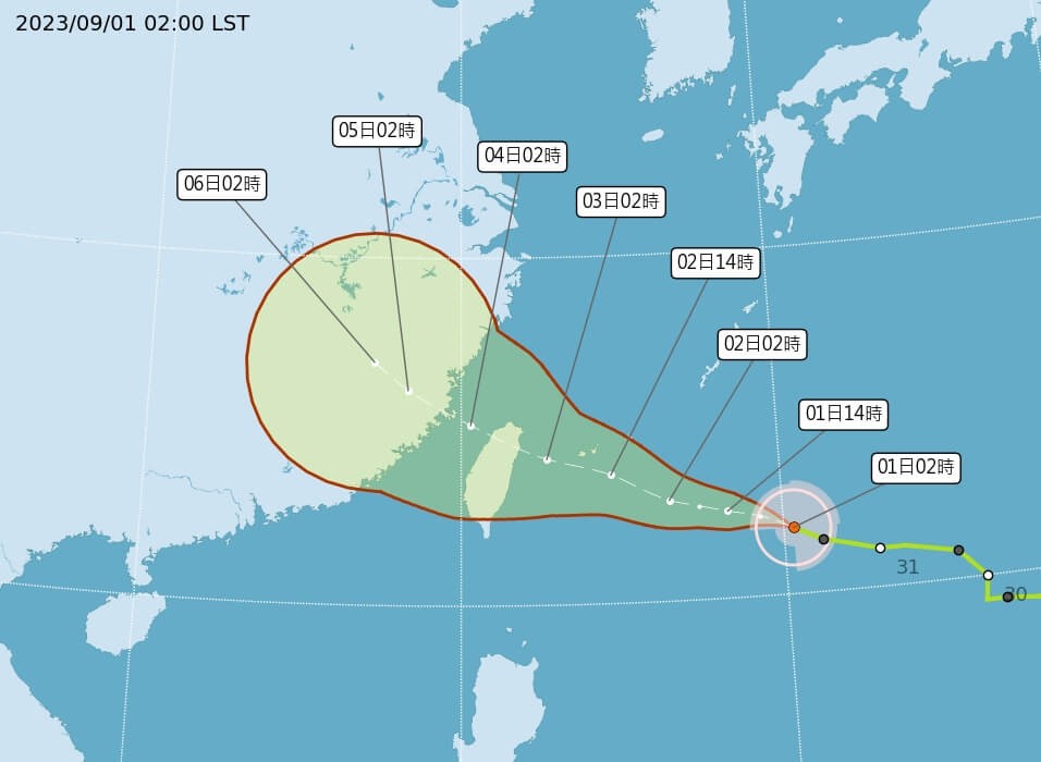 CWB predicts Typhoon Haikui will make landfall in northeast Taiwan. (CWB image)
